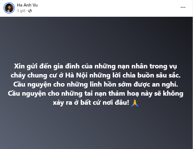 Siêu mẫu Hà anh gửi lời chia buồn tới gia đình các nạn nhân và cầu nguyện cho những người đã mất.