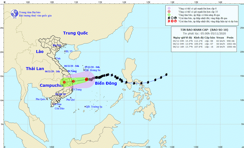 Hướng di chuyển của bão số 10. Nguồn: TTKTTV