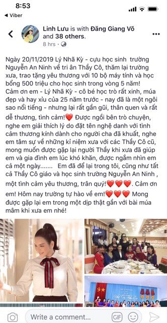 “Cảm ơn em Lý Nhã Kỳ. Cô bé học trò rất xinh, múa đẹp và hay xỉu của 25 năm trước, nay đã là một ngôi sao nổi tiếng, nhưng lại gần gũi, thân quen và dễ thương, tình cảm. Em đã để lại trong tôi cũng như các thầy cô giáo và học sinh trường Nguyễn An Ninh một tình cảm yêu thương, trân quý” – cô Lưu Linh.