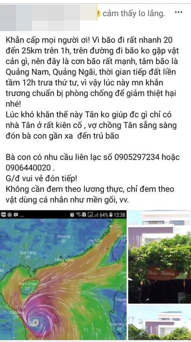  Bên cạnh việc thông tin chỗ ở cho bà con đến trú bão, các tài khoản trên facebook cũng cập nhật tình hình bão số 9 đến người dân. Ảnh: Chụp màn hình.