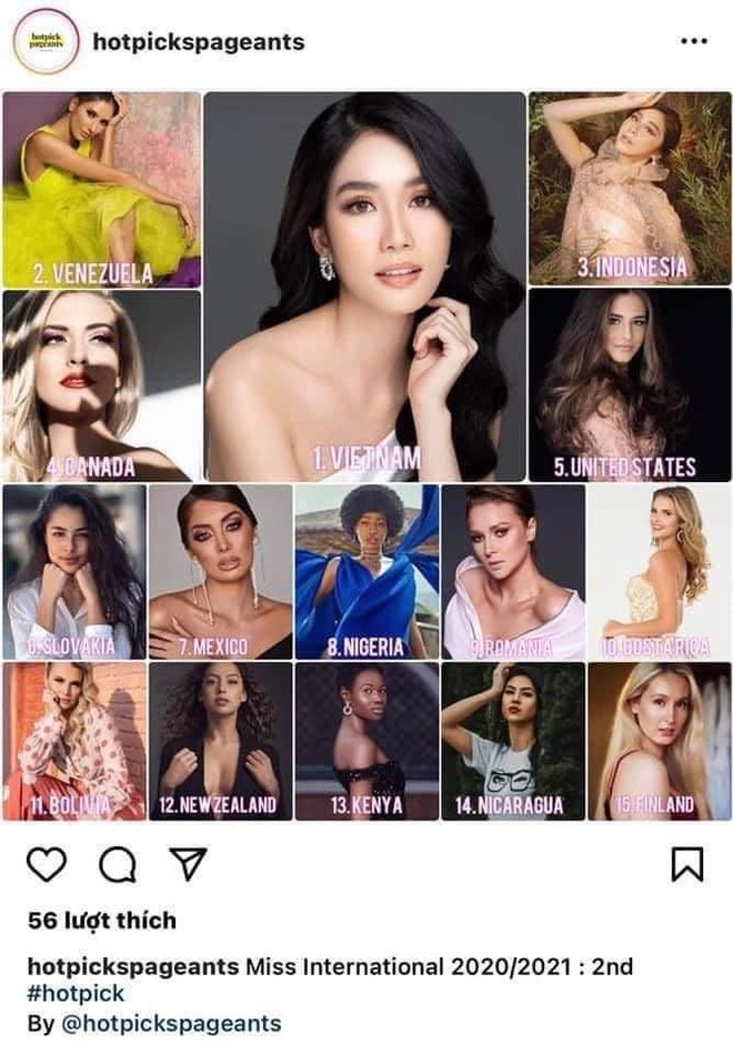 Phương Anh đứng đầu bảng xếp hạng nhan sắc thí sinh được đánh giá cao tại Miss International 2020. 