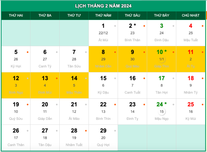 Lịch nghỉ tết nguyên đán 2024 sẽ từ 29 Tết đến hết mùng 5