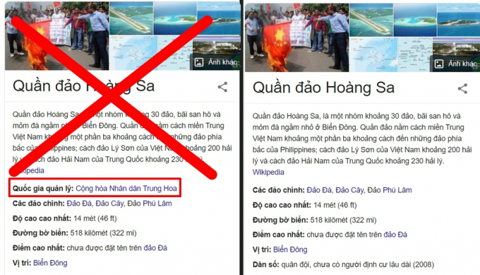 Bảng Kiến thức của Google trước và sau khi chỉnh sửa nội dung liên quan đến Hoàng Sa.