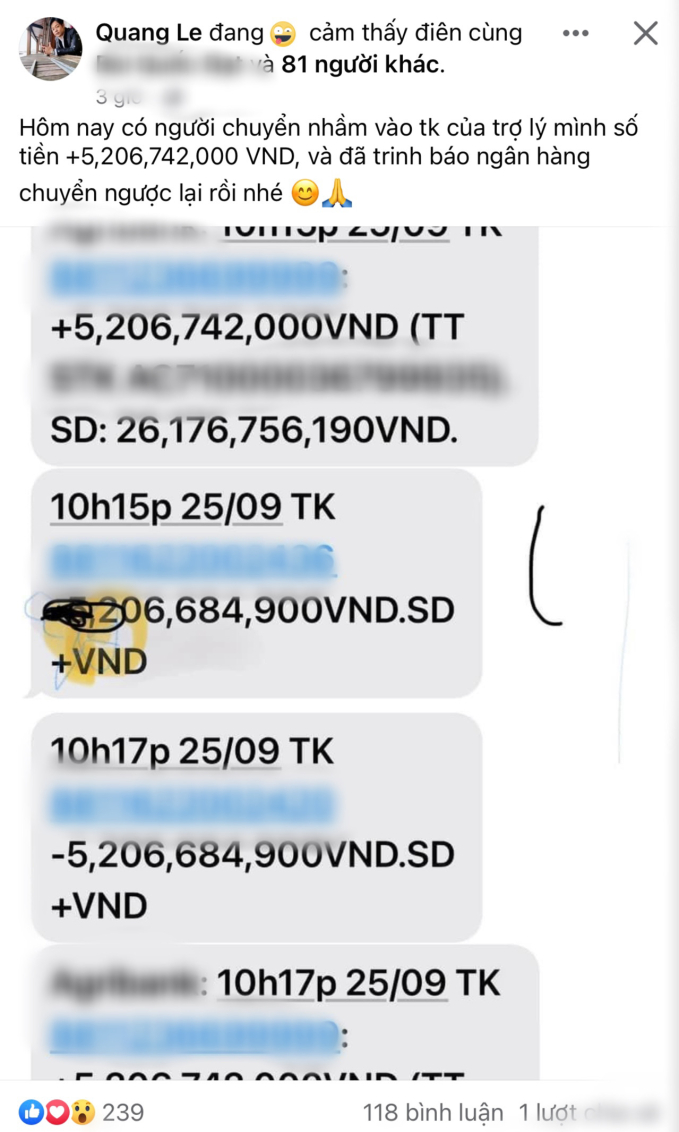 Quang Lê tiết lộ 1 người lạ đã chuyển nhầm số tiền hơn 5 tỷ đồng vào tài khoản của trợ lý