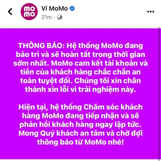 Thông báo MoMo gửi đến người dùng vào lúc trưa 19/10.