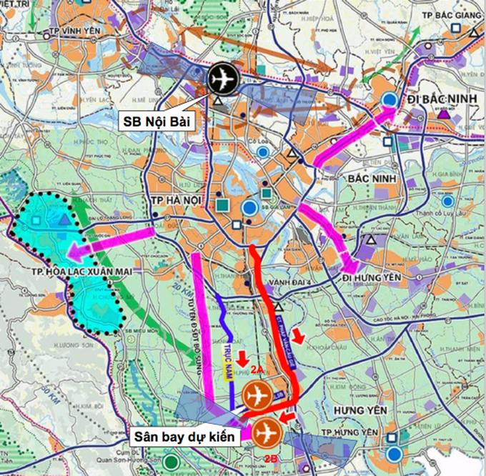 Hai phương án xây dựng sân bay thứ hai ở phía Nam Thủ đô (phương án 2A và 2B). Nguồn: Viện Quy hoạch xây dựng Hà Nội