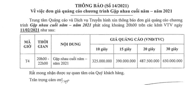 Bảng giá quảng cáo cao ngất ngưỡng trong chương trình Gặp nhau cuối năm - Táo Quân phát sóng đên 30 tháng Chạp - Tết Tân Sửu