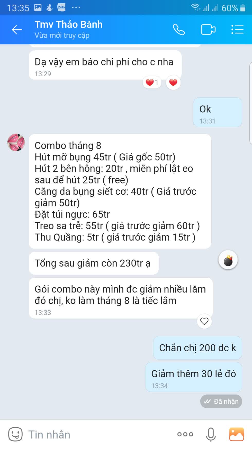 Đây là mẫu hình ảnh và báo giá của đường dây thẩm mỹ 'chui' Thảo Bành.  Ảnh chụp màn hình.