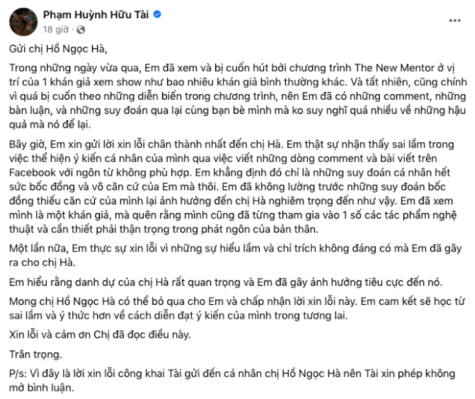 Bỗng dưng đăng đàn mắng Hà Hồ rồi lại đăng đàn xin lỗi, Phạm Huỳnh Hữu Tài khiến khán giả không hiểu anh đang muốn gì