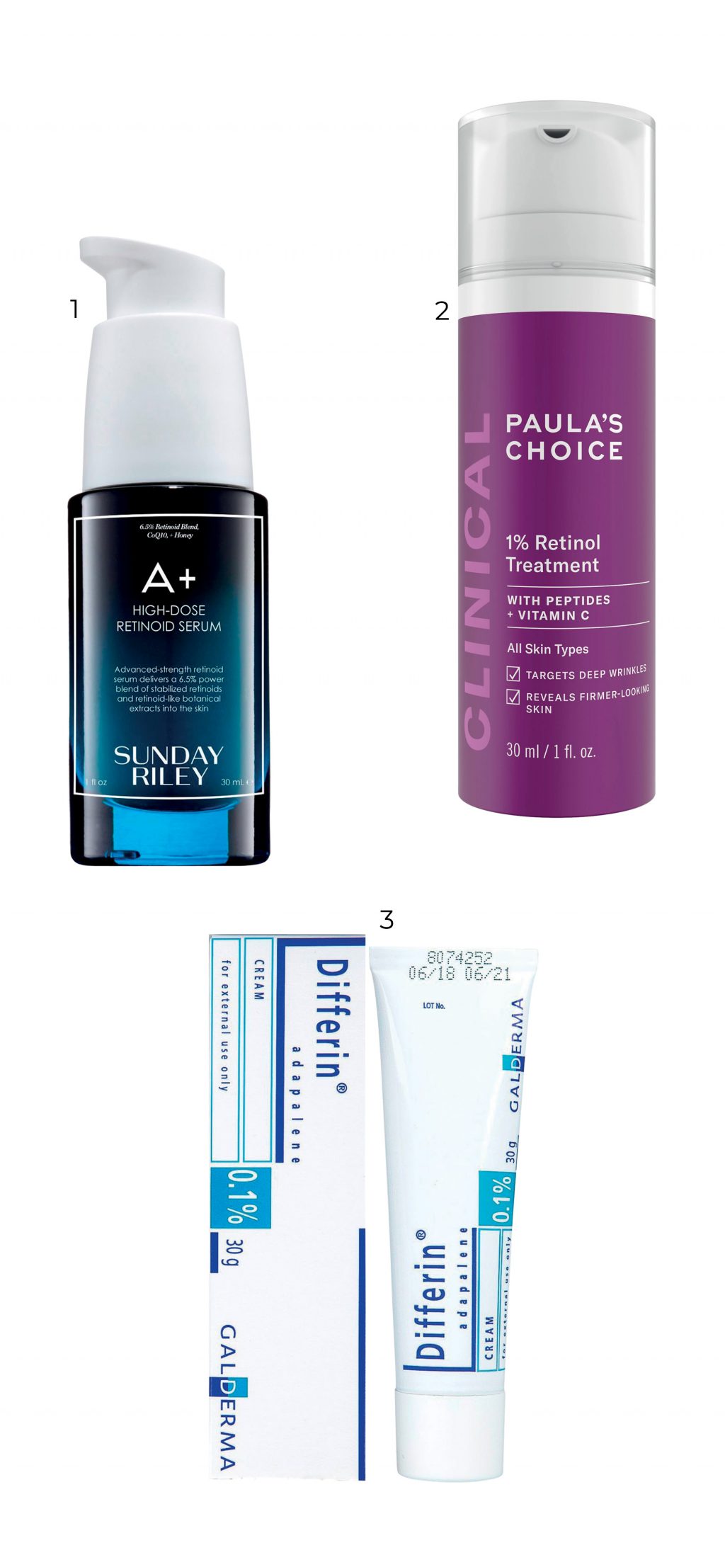 1. A+ High Dose Retinoid Serum SUNDAY RILEY – 2.1% Retinol Treatment PAULA’S CHOICE – 3. Gel trị mụn DIFFERIN 