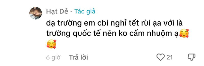 Hạt Dẻ cho biết đã sắp nghỉ Tết, hơn nữa trường quốc tế không cấm nhuộm tóc. Màn đối đáp lễ phép của con gái út Quyền Linh được cư dân mạng khen ngợi