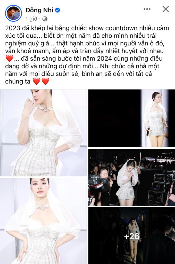 Đông Nhi đăng tải hình ảnh trong đêm diễn tối qua, đính kèm là dòng trạng thái tổng kết lại một năm 2023 với nhiều điều tích cực. Bà xã Ông Cao Thắng cũng chia sẻ sẽ bước tiếp năm 2024 với những dự định đang ấp ủ