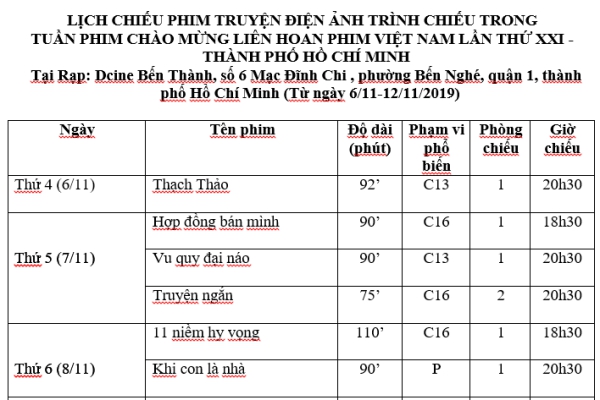               Lịch chiếu tại Dcine Bến Thành        