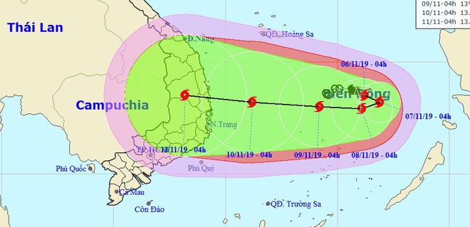 Dự báo đường đi của bão số 6 với hướng di chuyển phức tạp và cường độ liên tục mạnh lên. Ảnh: NCHMF. 