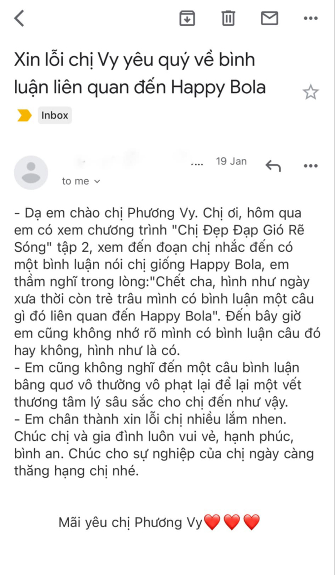 Phương Vy chia sẻ lá thư xin lỗi từ khán giả