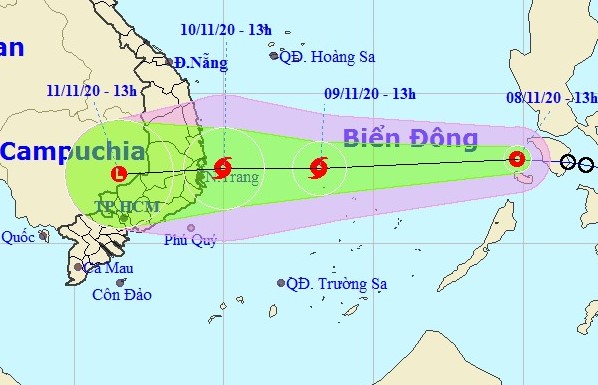 Dự báo vị trí đường đi của áp thấp nhiệt đới. Ảnh: BCĐPCTT