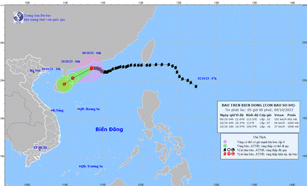 Bão số 4 sẽ suy yếu thành một vùng thấp. (Nguồn: Trung tâm Dự báo Khí tượng Thủy văn Quốc gia)