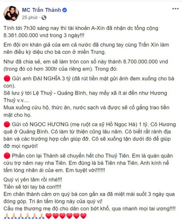 Trấn Thành từng kêu gọi ủng hộ đồng bào miền Trung.