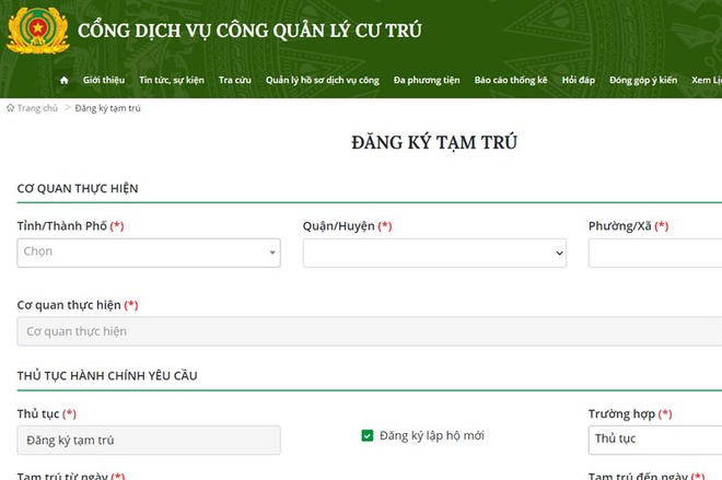           Ảnh chụp màn hình cổng dịch vụ công quản lý cư trú của Bộ Công an.          