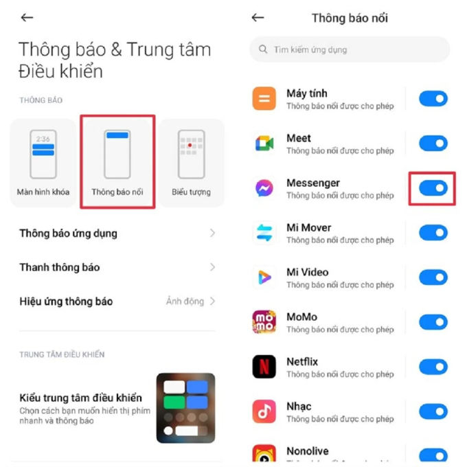    Chọn Cài đặt > Thông báo và Trung tâm điều khiển > Thông báo nổi > Messenger.  