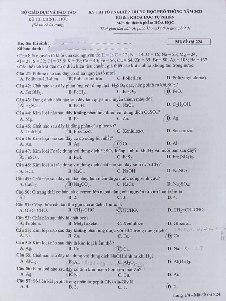 Đề thi và gợi ý đáp án môn Hóa học tốt nghiệp THPT 2022 - Ảnh 1.