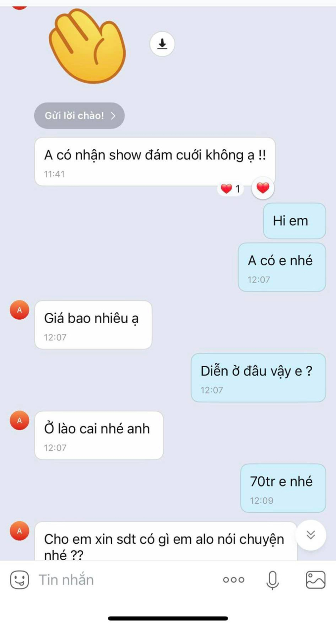 Tin nhắn hé lộ giá cát-xê của Chu Bin.