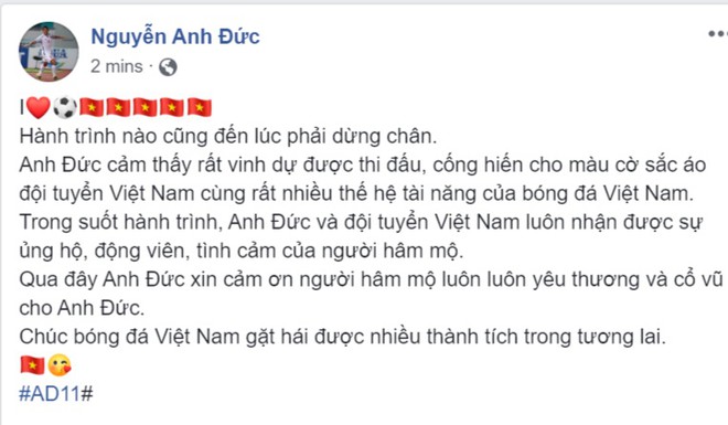 Chia sẻ của tiền đạo Anh Đức trên trang cá nhân. 