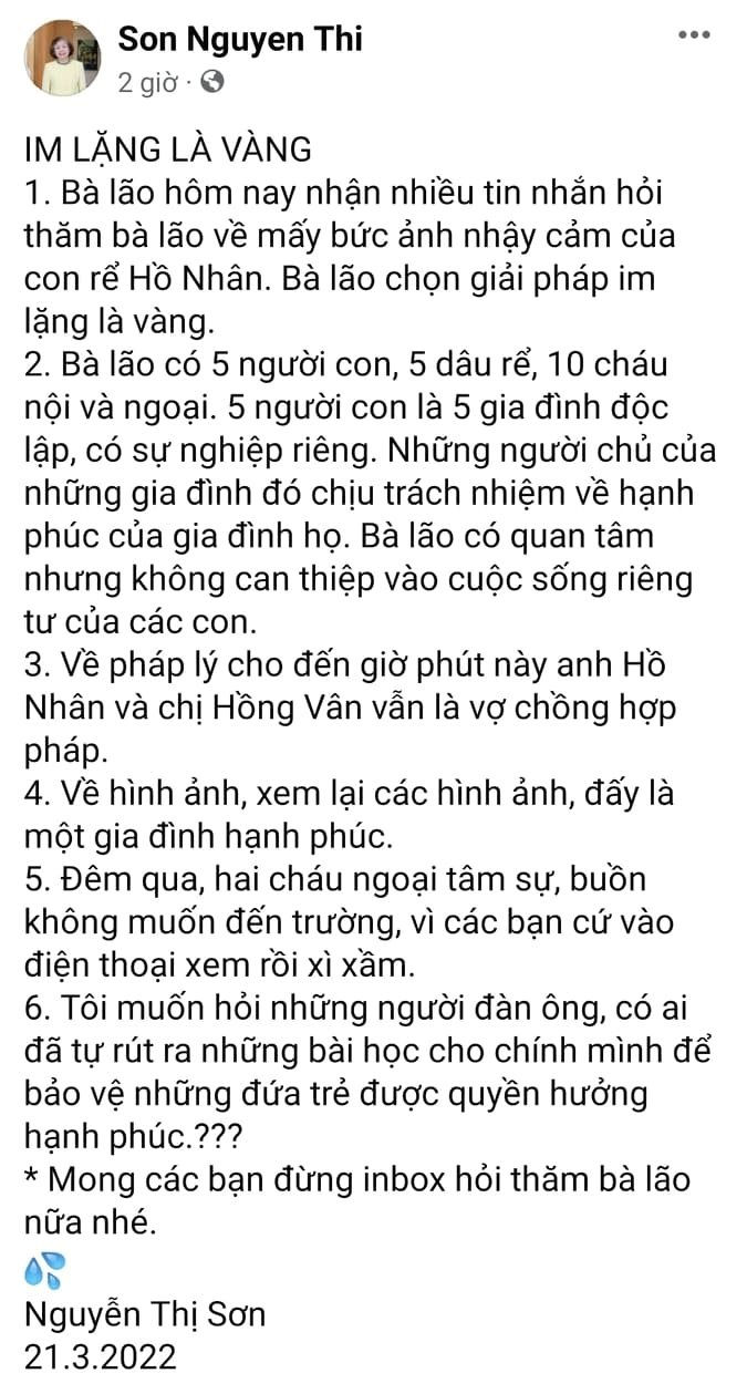 Bà Sơn lên tiếng về lùm xùm của con rể